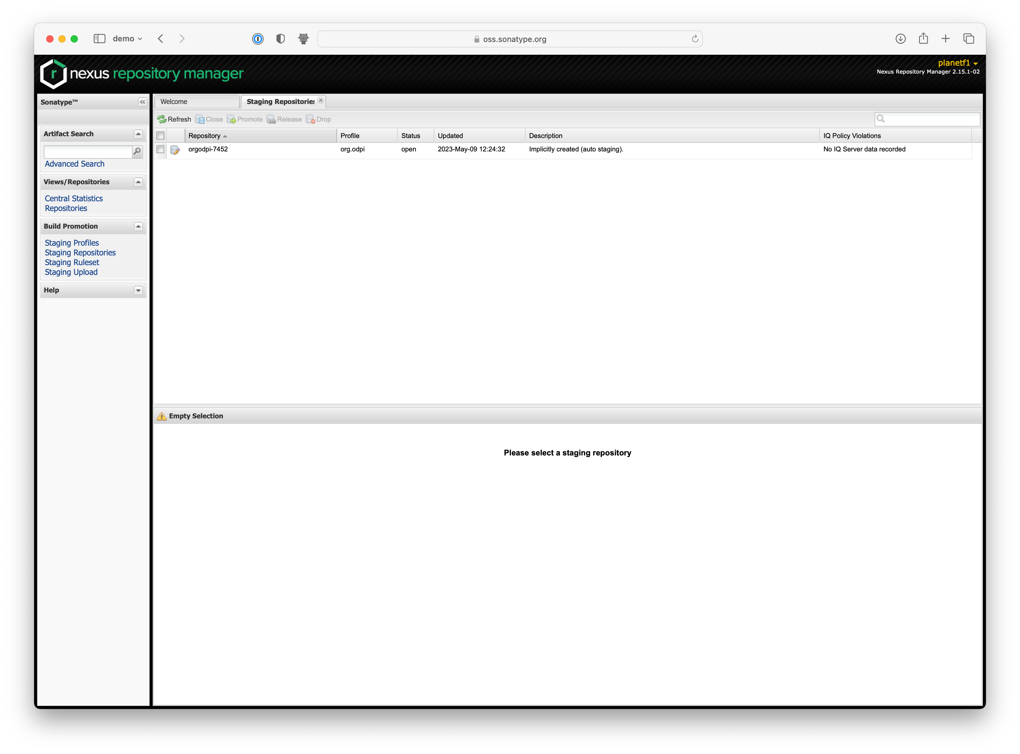 Logged in viewing staging repositories